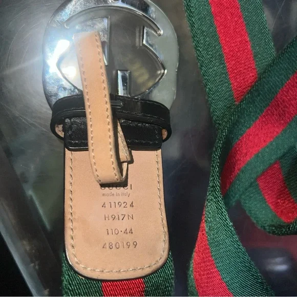 Gucci Green and Red Web Belt with Silver Buckle